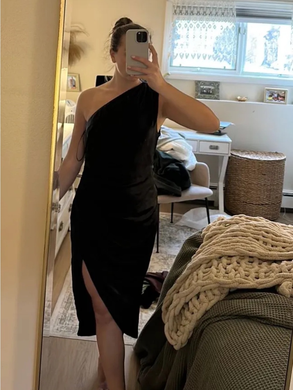 Elliatt One-Shoulder Black Midi Dress with Side Slit